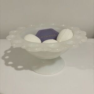 VINTAGE milk glass candy dish scalloped edges pedestal bowl candle holder 4"